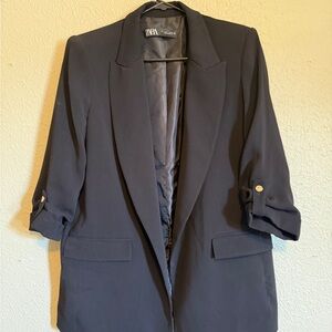Zara Black Tailored Blazer with Ruched Sleeves